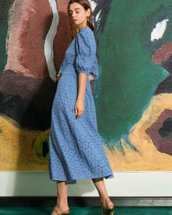The Blue Puff Sleeve Cutout Slit Maxi Dress