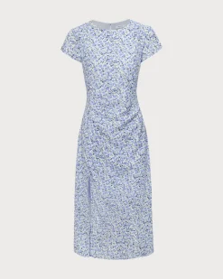 The Blue Round Neck Floral Slit Midi Dress