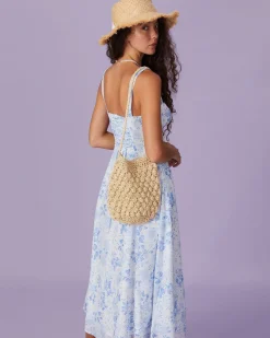 The Blue Square Neck Floral Ruched Midi Dress
