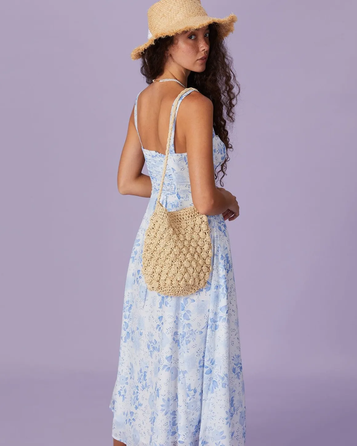 The Blue Square Neck Floral Ruched Midi Dress