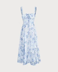 The Blue Square Neck Floral Ruched Midi Dress