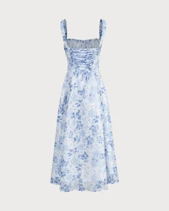 The Blue Square Neck Floral Ruched Midi Dress