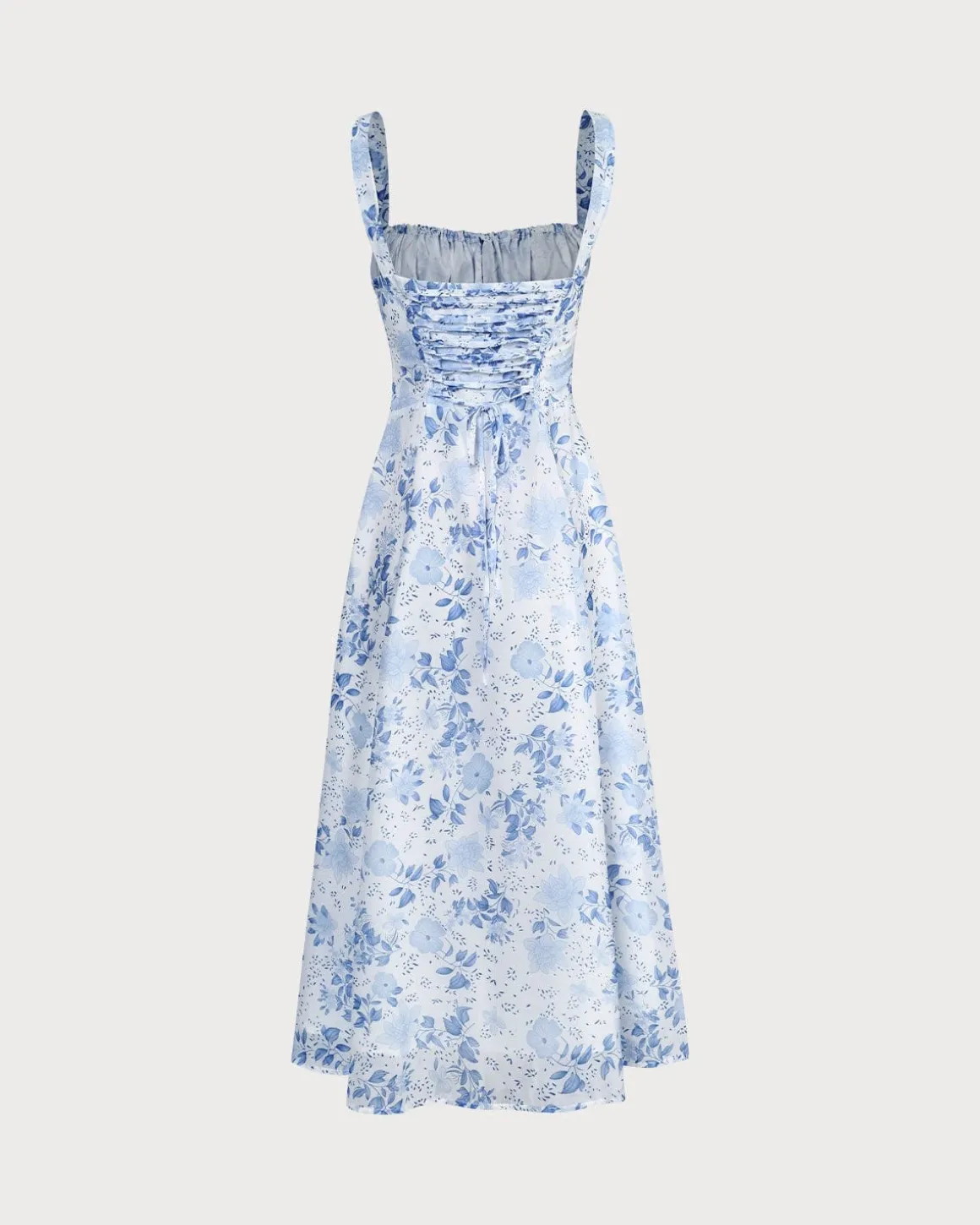 The Blue Square Neck Floral Ruched Midi Dress