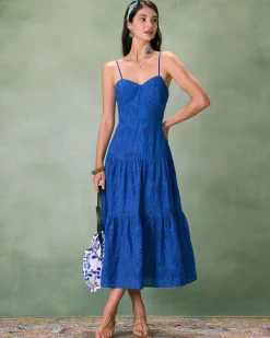 The Blue Sweetheart Neck Embroidery Slip Midi Dress