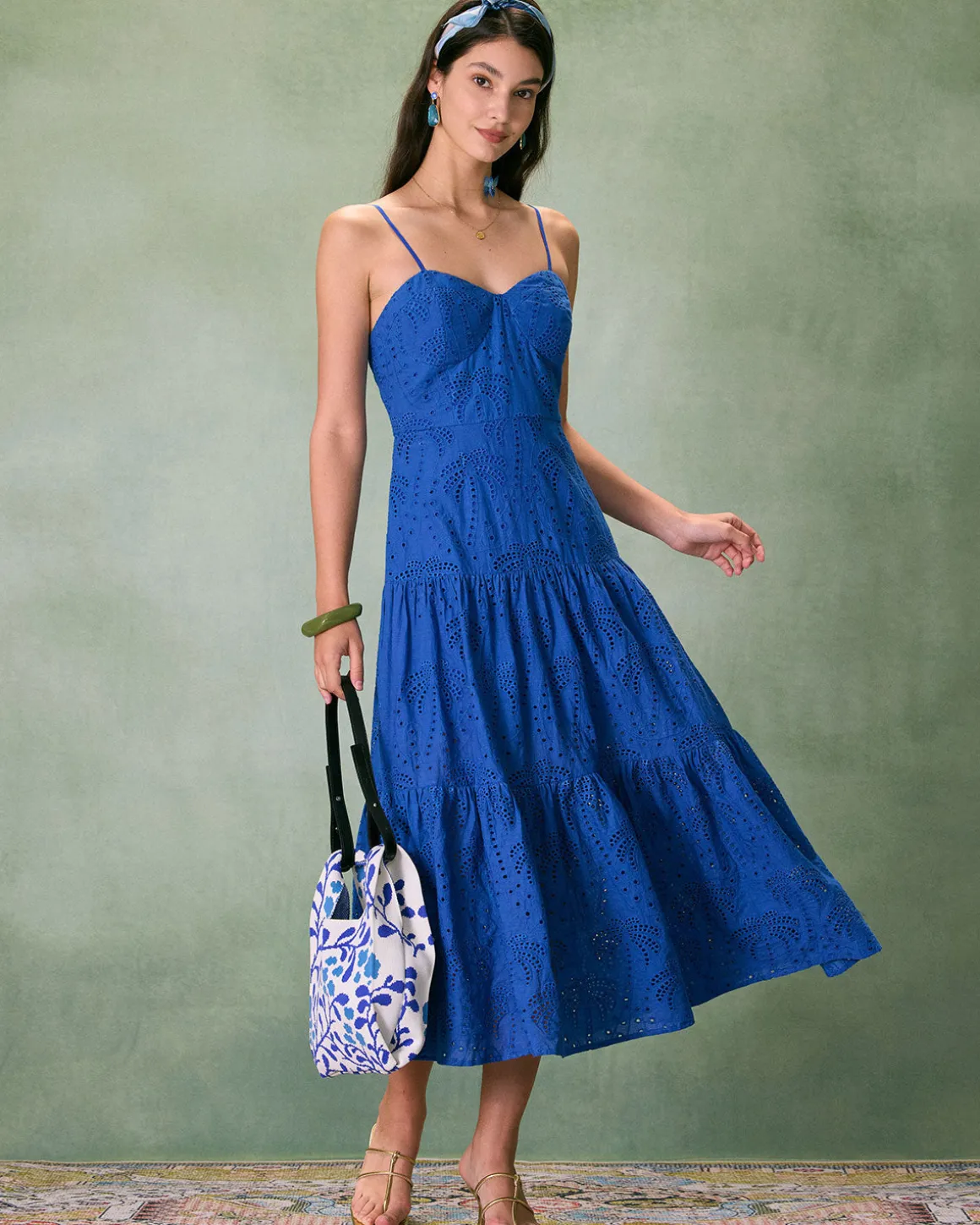 The Blue Sweetheart Neck Embroidery Slip Midi Dress