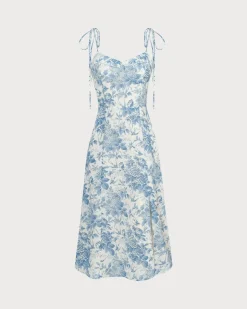 The Blue Sweetheart Neck Shirred Midi Dress