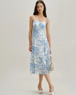 The Blue Sweetheart Neck Shirred Midi Dress