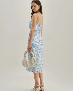The Blue Sweetheart Neck Shirred Midi Dress