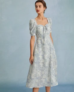 The Blue Sweetheart Neck Puff Sleeve Floral Midi Dress