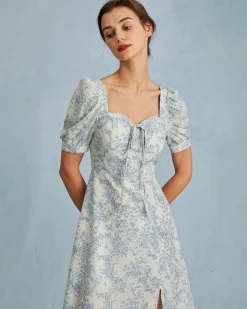 The Blue Sweetheart Neck Puff Sleeve Floral Midi Dress