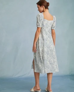 The Blue Sweetheart Neck Puff Sleeve Floral Midi Dress
