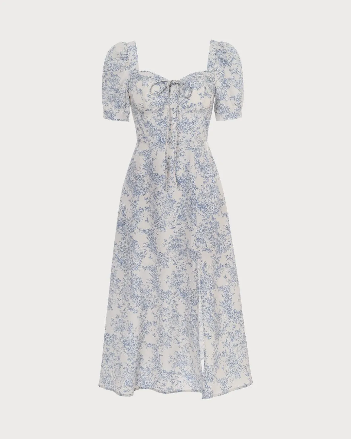 The Blue Sweetheart Neck Puff Sleeve Floral Midi Dress
