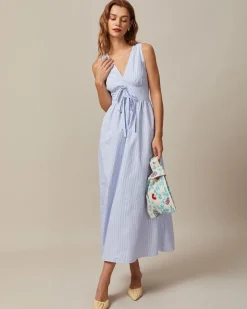 The Blue V Neck Shirred Striped Maxi Dress