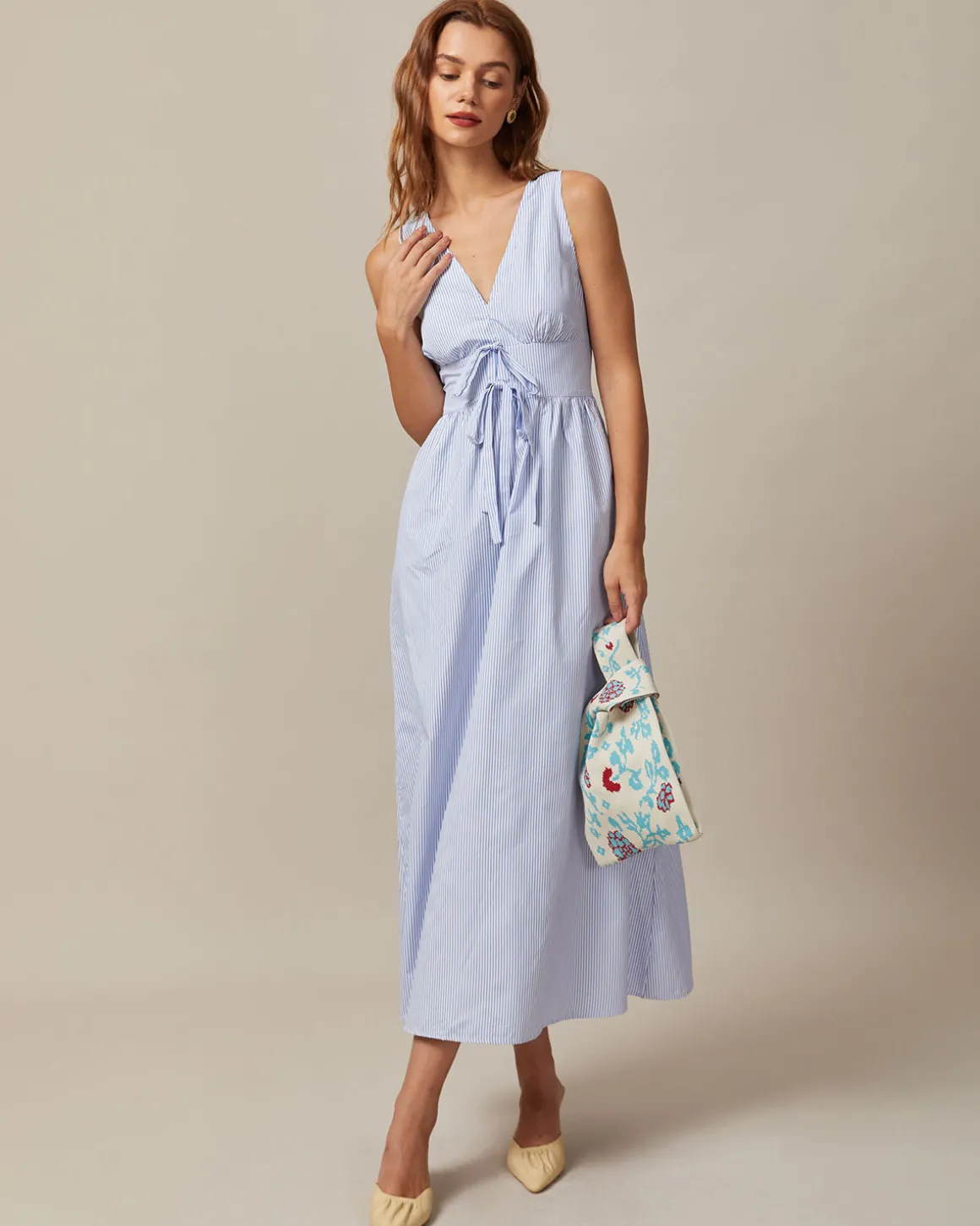The Blue V Neck Shirred Striped Maxi Dress