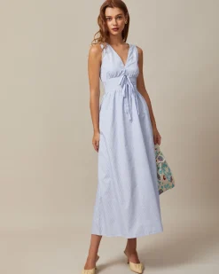 The Blue V Neck Shirred Striped Maxi Dress