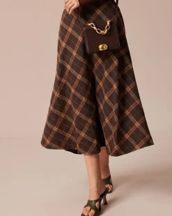 The Brown Elastic Waist Plaid A-Line Midi Skirt