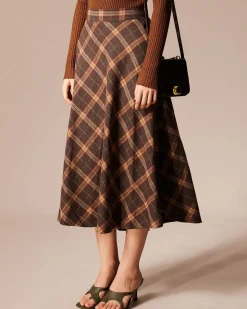 The Brown Elastic Waist Plaid A-Line Midi Skirt