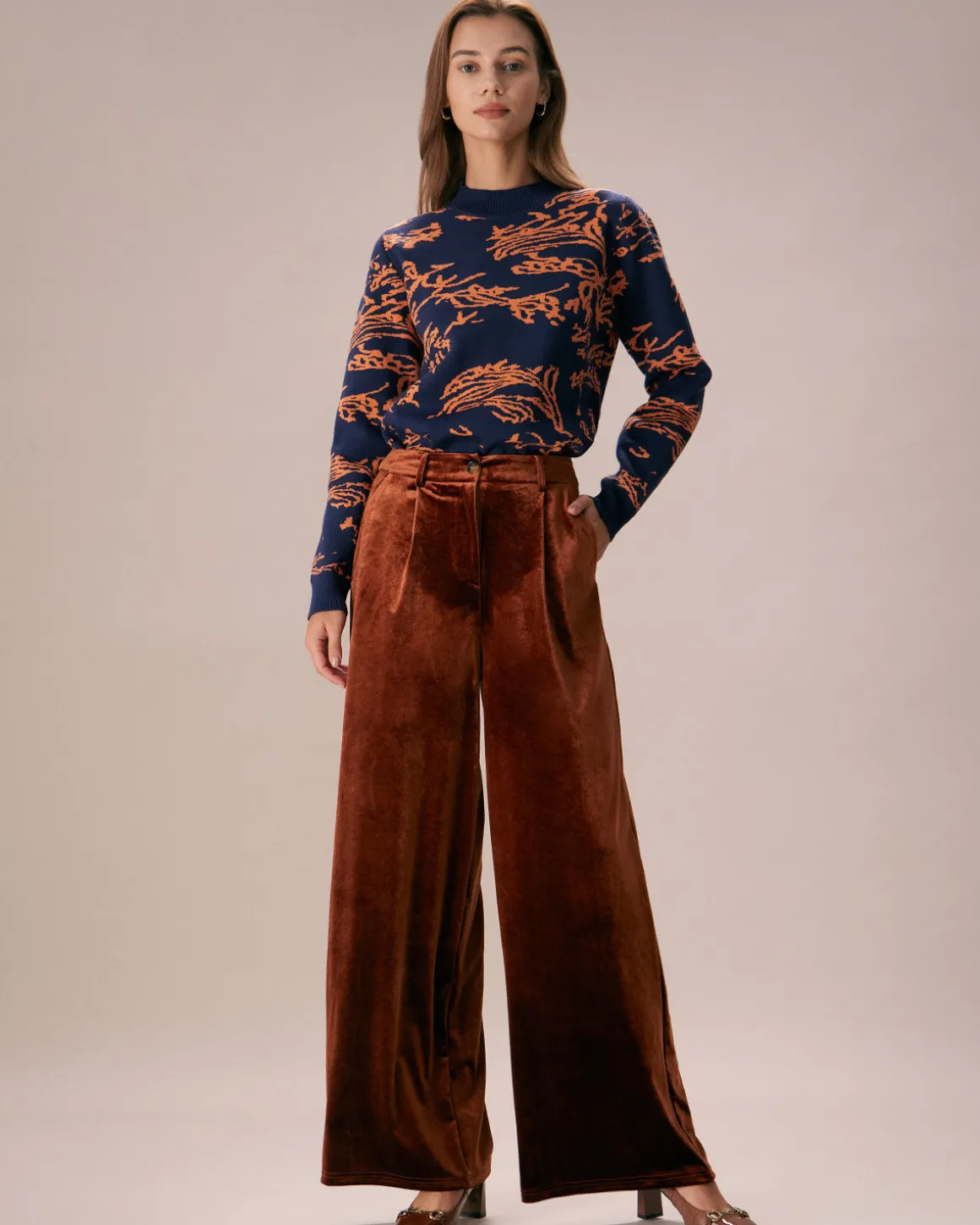 The Brown High Waisted Velvet Wide Leg Pants
