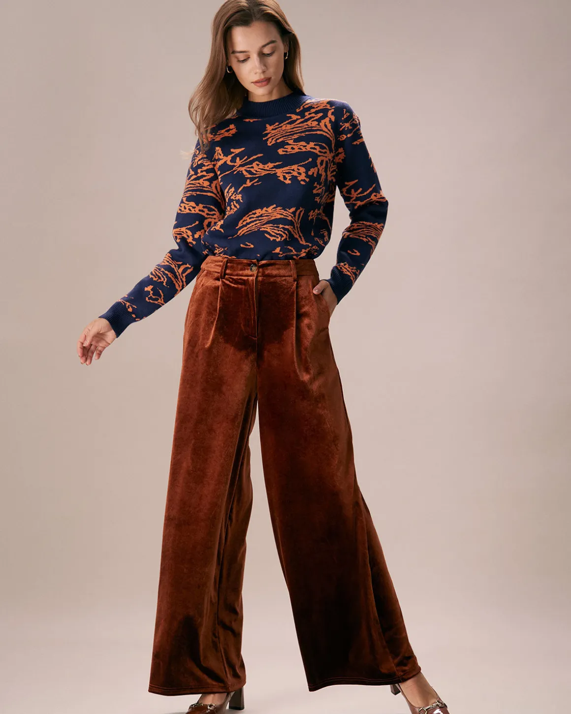 The Brown High Waisted Velvet Wide Leg Pants