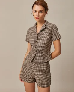The Brown Lapel Plaid Short Sleeve Blouse