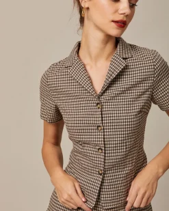 The Brown Lapel Plaid Short Sleeve Blouse