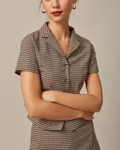 The Brown Lapel Plaid Short Sleeve Blouse
