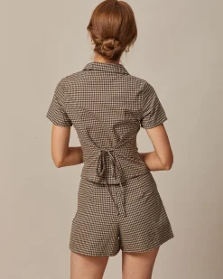 The Brown Lapel Plaid Short Sleeve Blouse