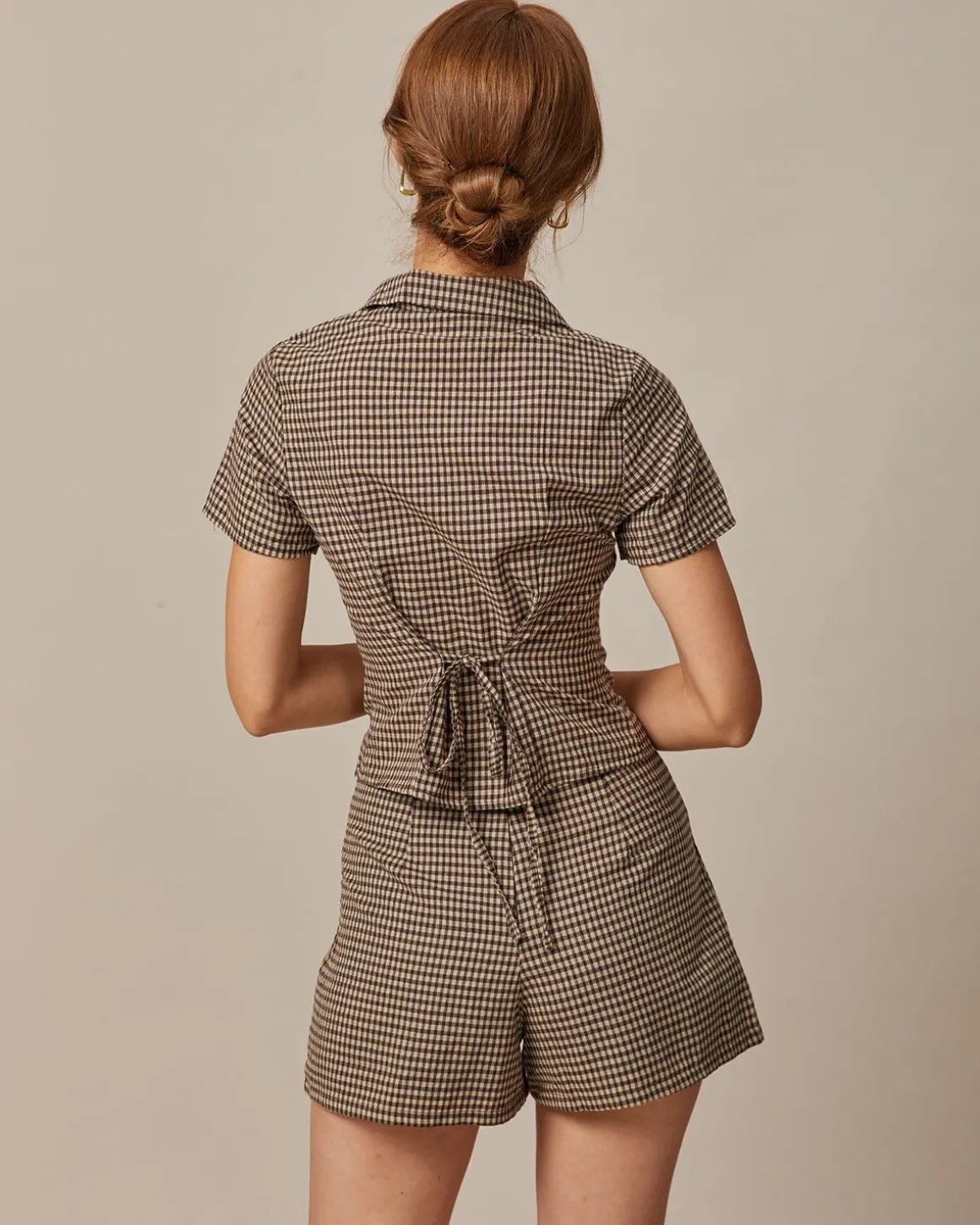 The Brown Lapel Plaid Short Sleeve Blouse
