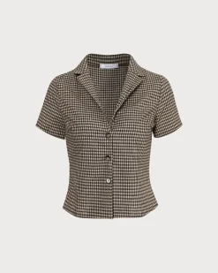 The Brown Lapel Plaid Short Sleeve Blouse