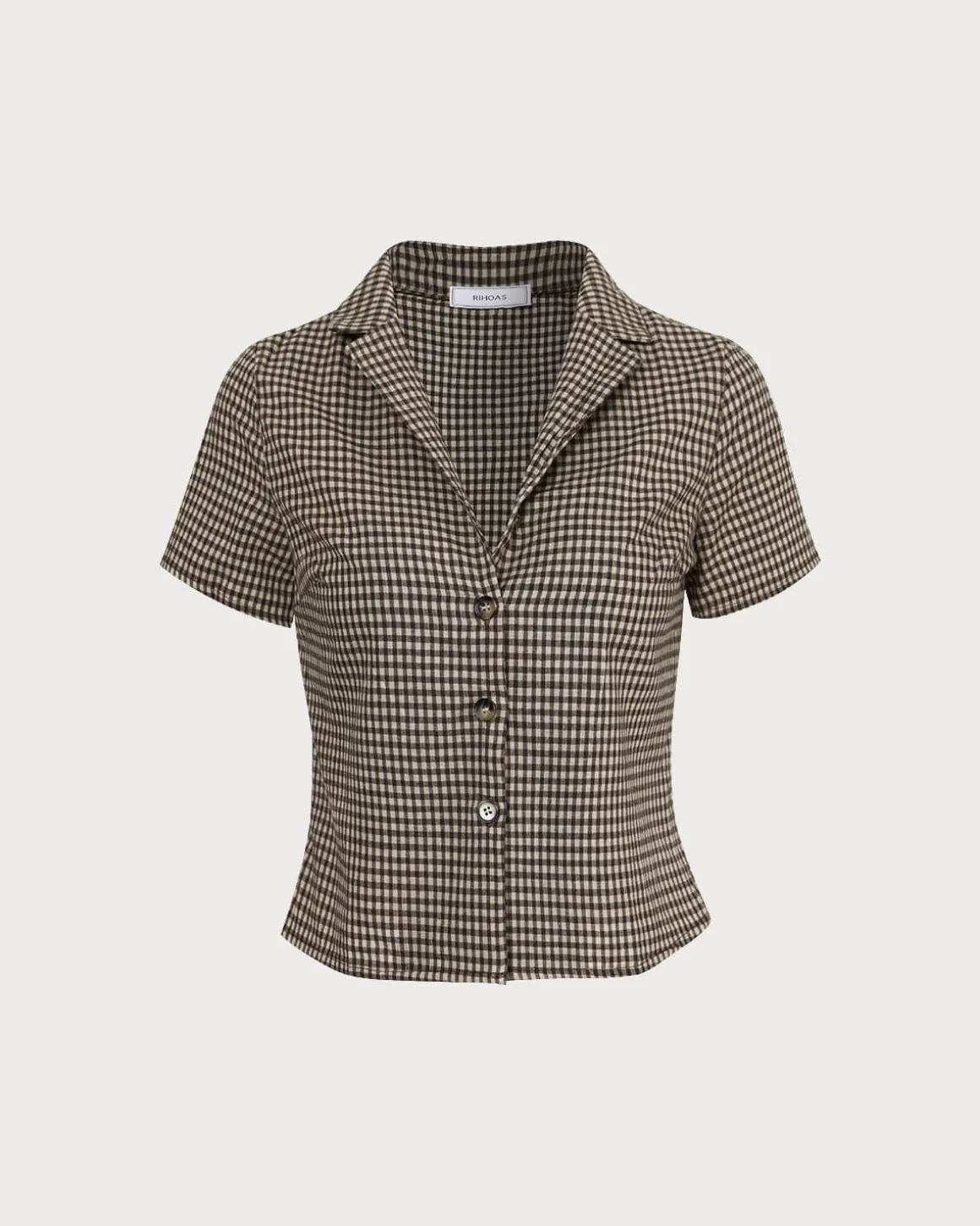The Brown Lapel Plaid Short Sleeve Blouse