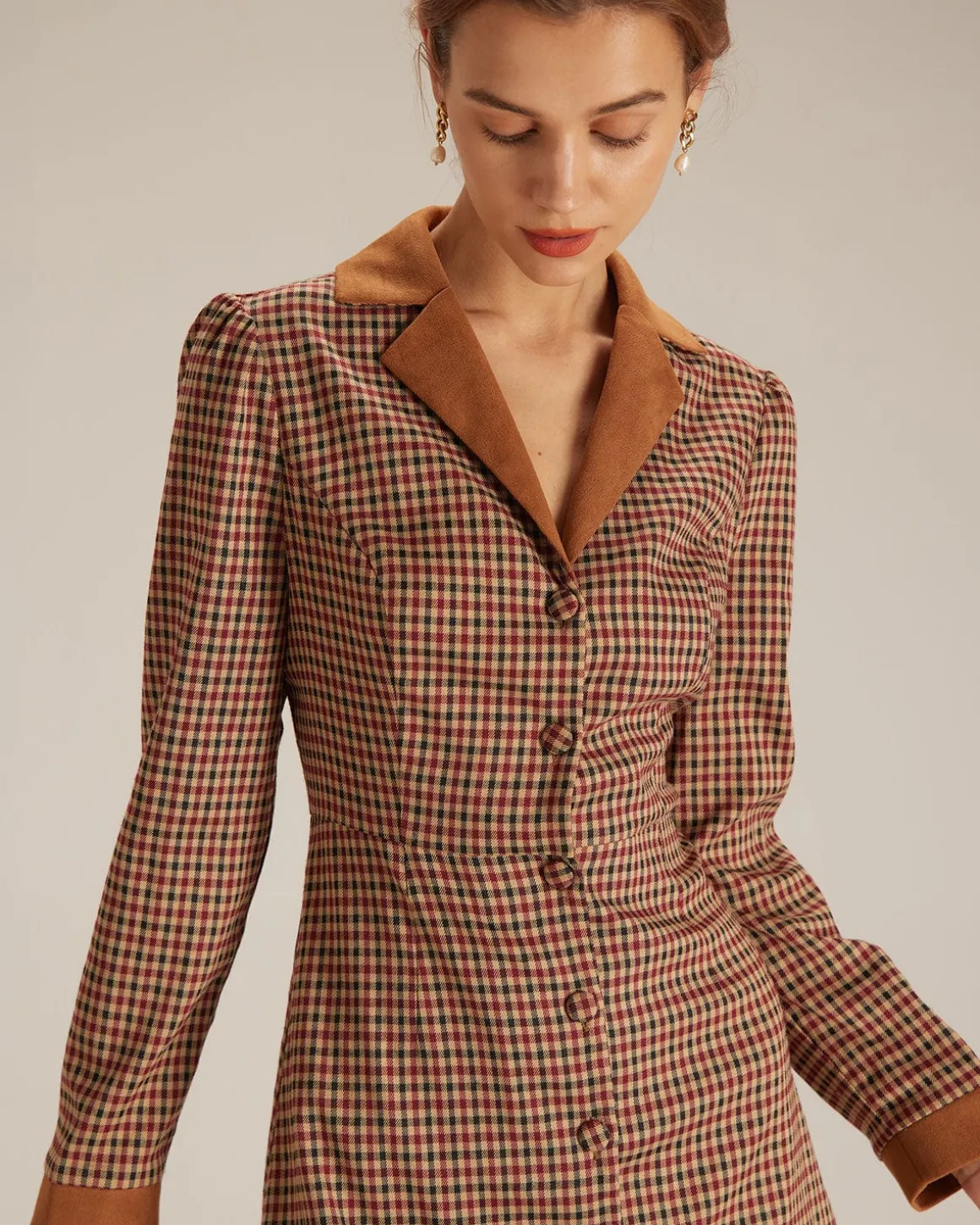 The Brown Plaid Spliced Suede Mini Dress