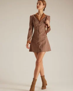 The Brown Plaid Spliced Suede Mini Dress