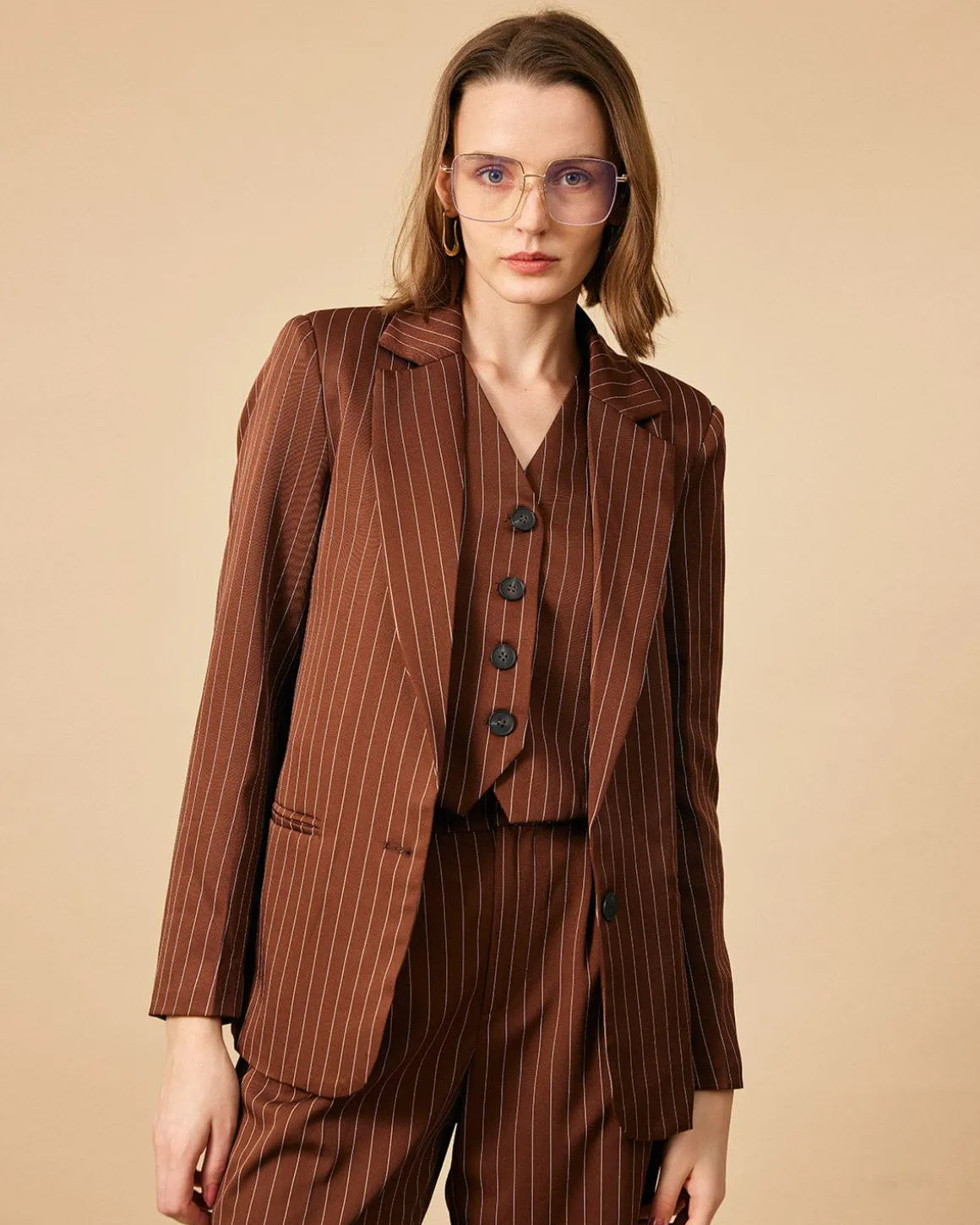 The Brown Striped One Button Collared Blazer