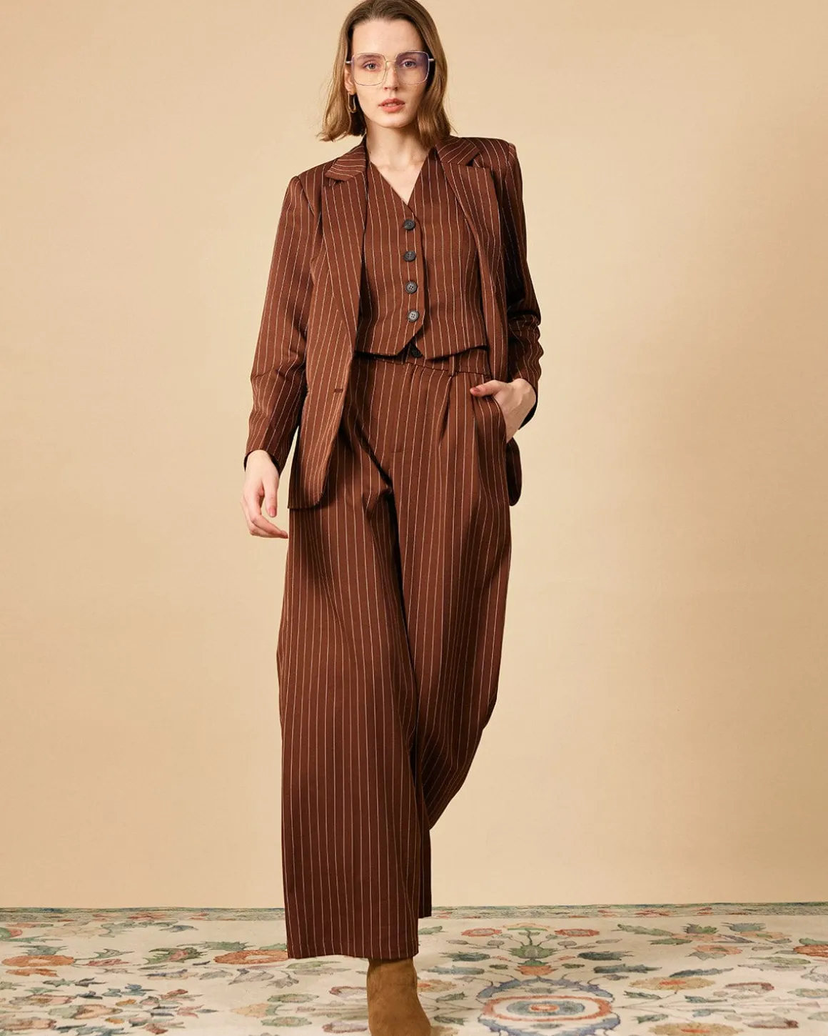 The Brown Striped One Button Collared Blazer