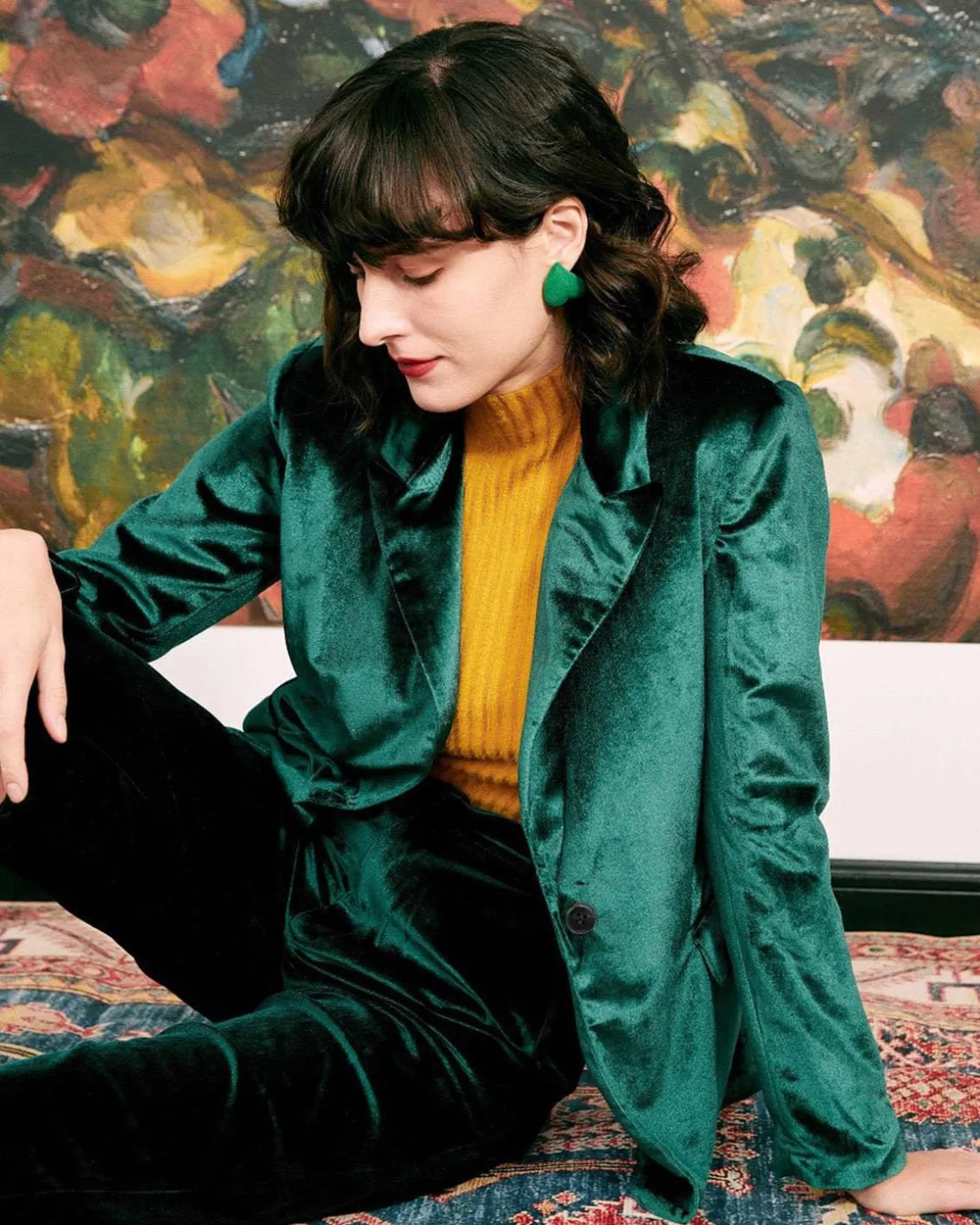 The Casual One Button Green Velvet Blazer