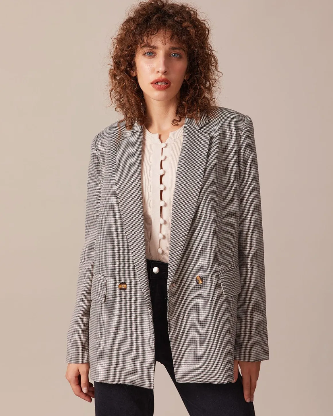 The Coffee Lapel Houndstooth Button Blazer