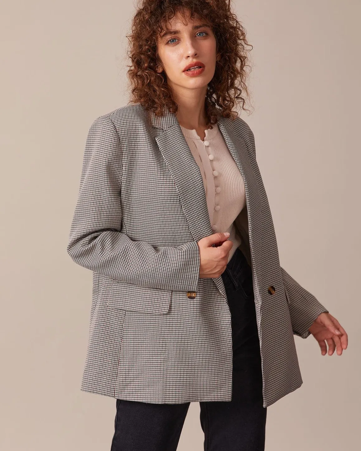 The Coffee Lapel Houndstooth Button Blazer