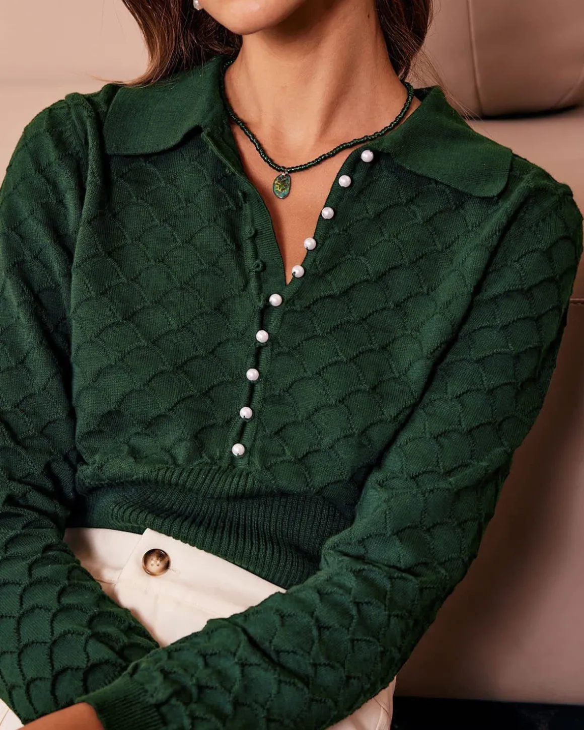 The Dark Green Lapel Ribbed Textured Knit Top