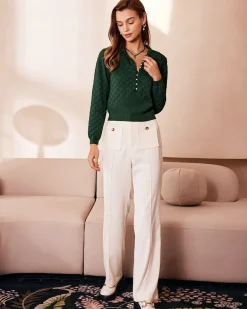 The Dark Green Lapel Ribbed Textured Knit Top