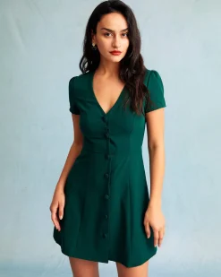 The Dark Green V Neck Button-up Shirt Mini Dress