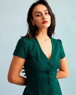 The Dark Green V Neck Button-up Shirt Mini Dress