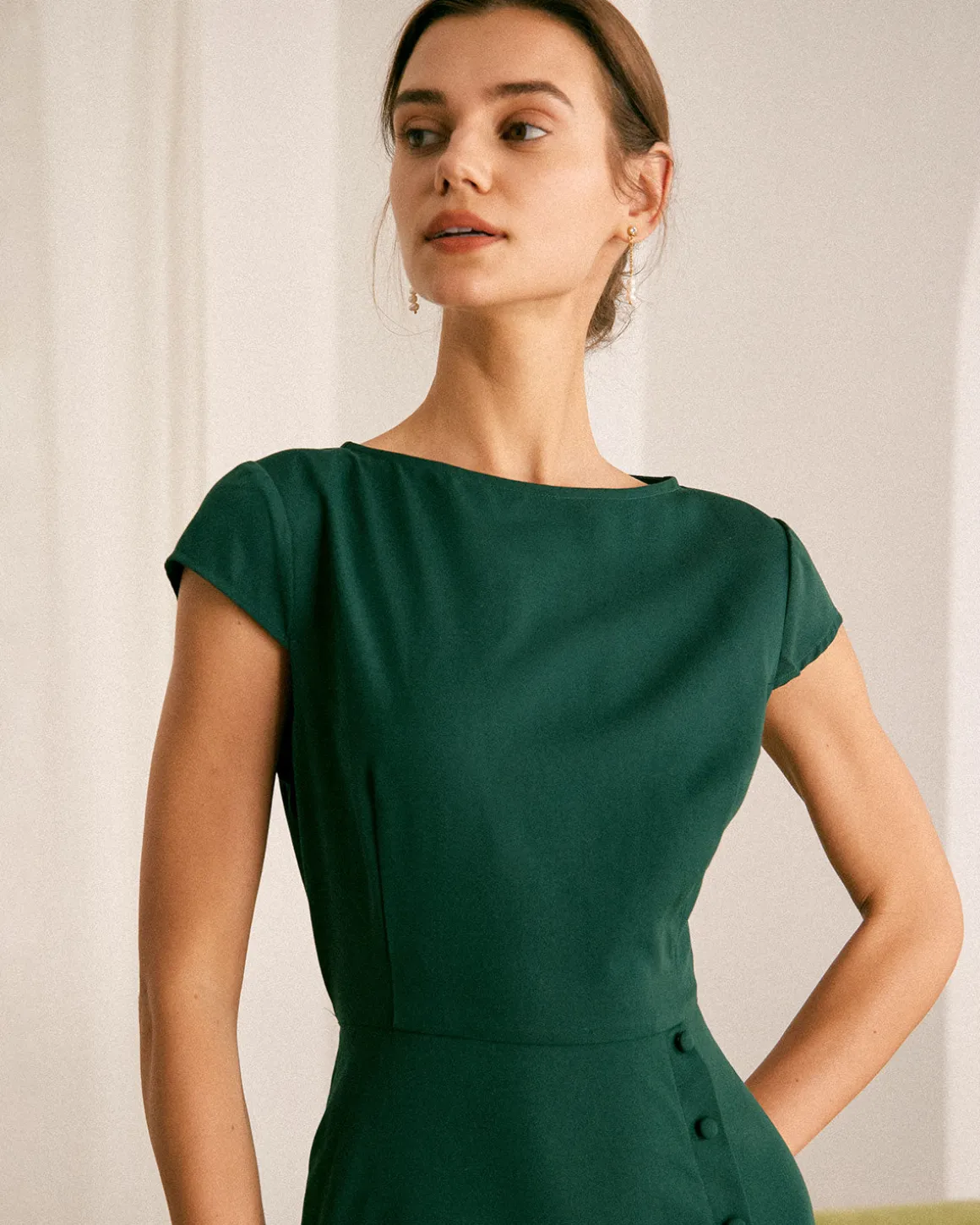The Green Boat Neck Cutout Back Midi Dress