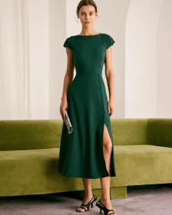 The Green Boat Neck Cutout Back Midi Dress