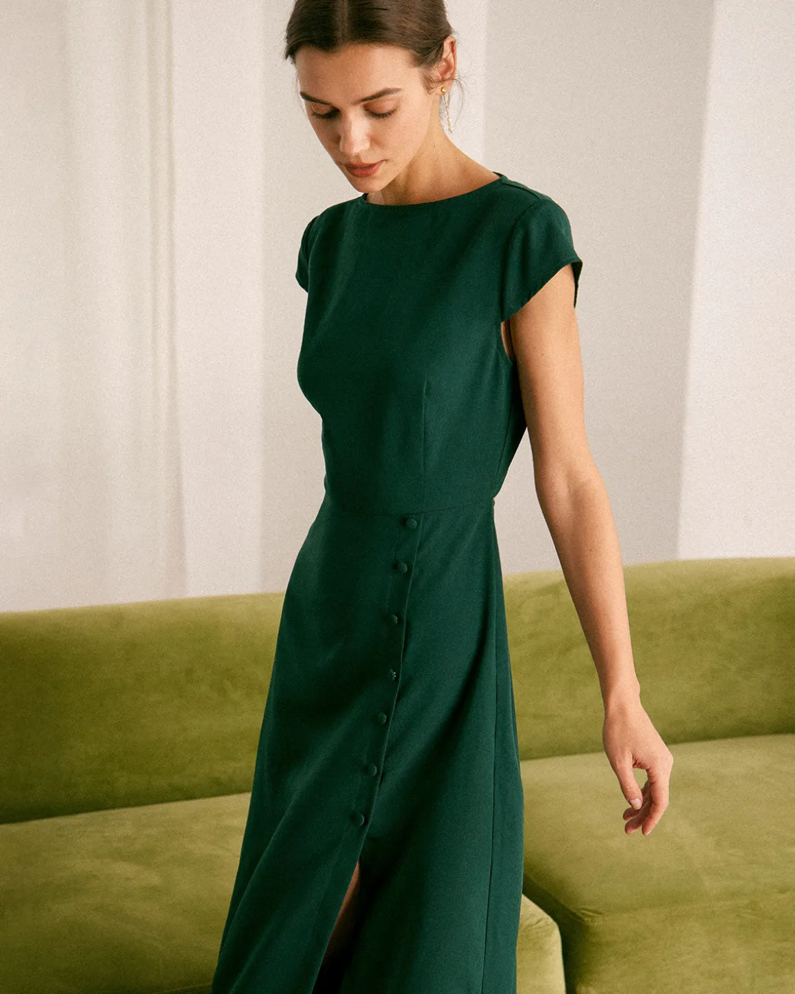 The Green Boat Neck Cutout Back Midi Dress