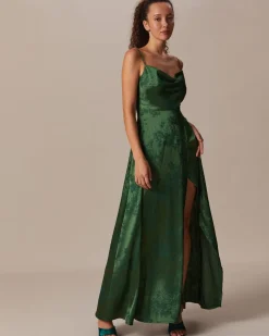 The Green Cowl Neck Jacquard Satin Maxi Dress