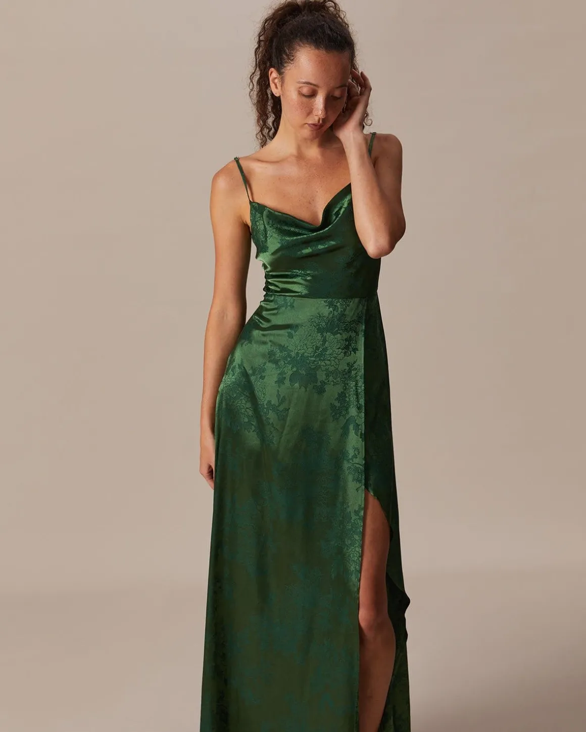 The Green Cowl Neck Jacquard Satin Maxi Dress
