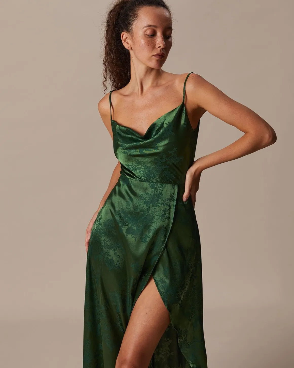 The Green Cowl Neck Jacquard Satin Maxi Dress