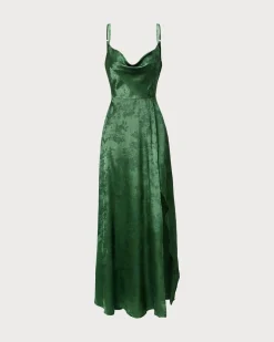The Green Cowl Neck Jacquard Satin Maxi Dress
