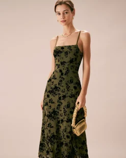The Green Floral Burnout A-Line Slip Midi Dress