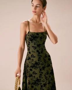 The Green Floral Burnout A-Line Slip Midi Dress